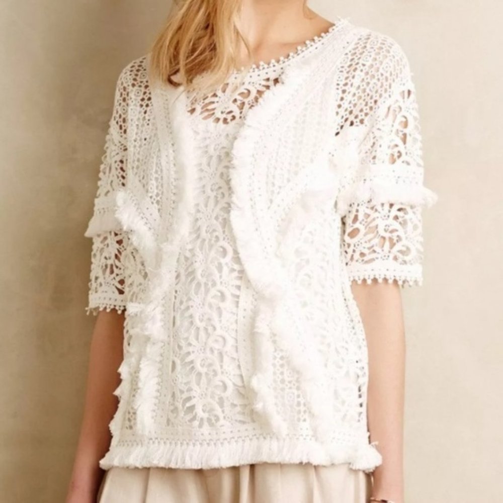 Anthropologie Yoana Baraschi White Fringed Lace Top, XS